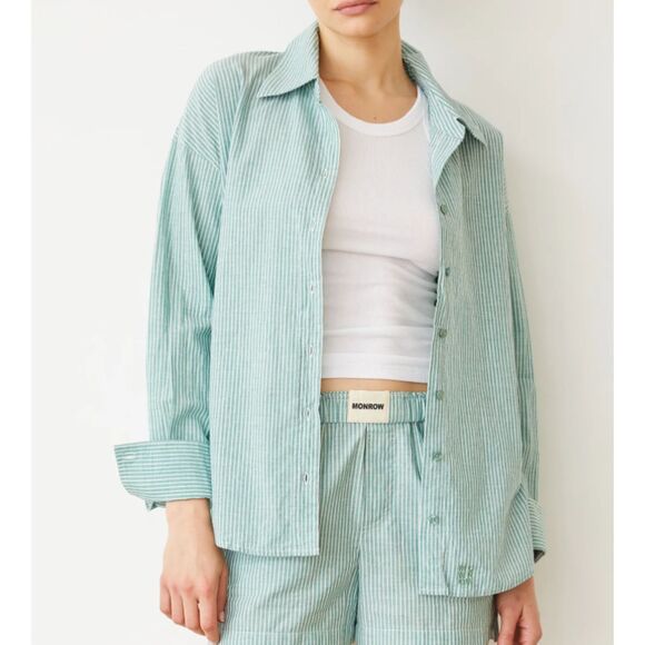 Monrow Tops - Monrow Poplin Oversized Shirt Striped Cactus Green Large